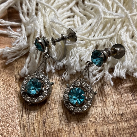 Vintage Rhinestone Earrings Screw-back turquoise blue Silver Costume Jewelry - Picture 5 of 6